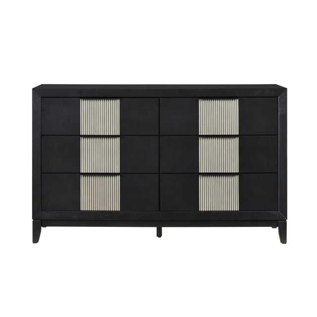 Contemporary 6-Drawer Dresser Charcoal Gray Finish Solid Wood Bedroom Furniture 1pc Storage Cabinet Reeded Front Panels