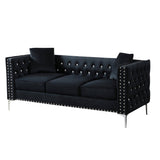 82.3" Width Modern Velvet Sofa Jeweled Buttons Tufted Square Arm Couch Black,2 Pillows Included | Home Elegance USA