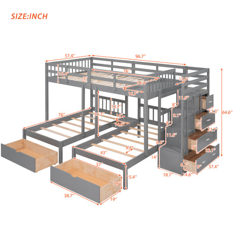 Full Over Twin & Twin Bunk Bed, Wood Triple Bunk Bed with Drawers and Guardrails (Gray) - sold by Home Elegance USA