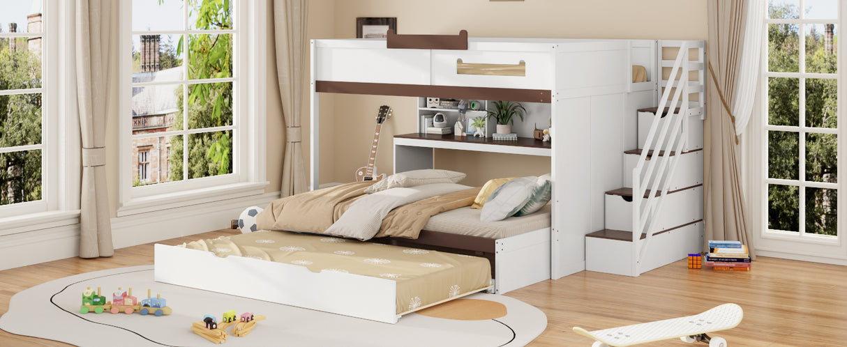 Full Over Full Bunk Bed with Twin Size Trundle and Staircase, Shelves, LED,White - sold by Home Elegance USA