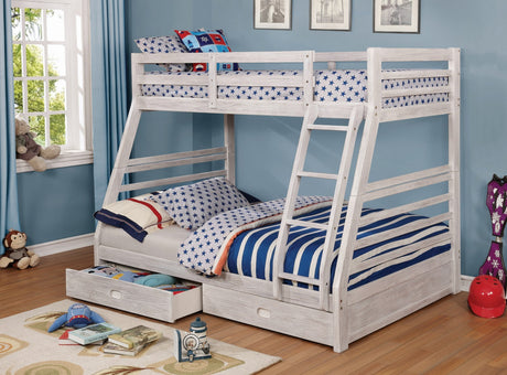 Twin Over Full Transitional Bunk Bed With Two Large Drawers Attached Ladder Wire-Brushed White