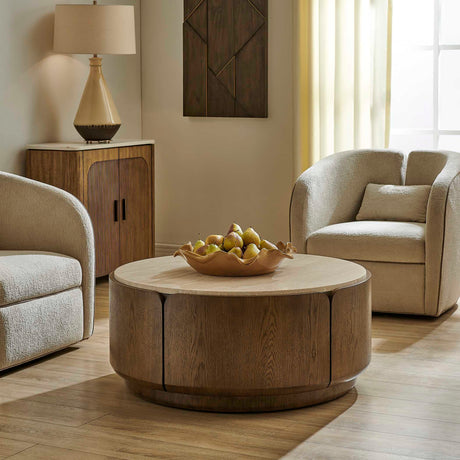 Tindall Round Travertine Coffee Table Brown / White / Woodtone - White / Dark Brown by Uttermost - View 2