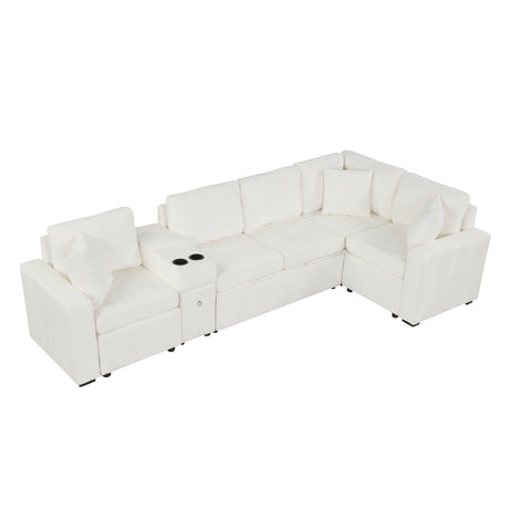 120.5' L-shaped Convertible Sofa Bed Modular Sectional Sofa Reversible Sleeper with Pull-Out Bed, Cup Holders, and Ample Storage Space for Living Room(Old SKU:N719S001940K), White - sold by Home Elegance USA