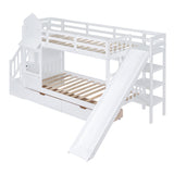 Twin-Over-Twin Castle Style Bunk Bed with 2 Drawers 3 Shelves and Slide - White - Home Elegance USA