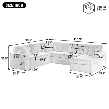 Oversized Sectional Sofa 115.3' U-Shaped Sofa with Chaise Lounge and Three Soft Throw Pillows, Light Gray Corduroy, 115.3' x 90.5' - sold by Home Elegance USA