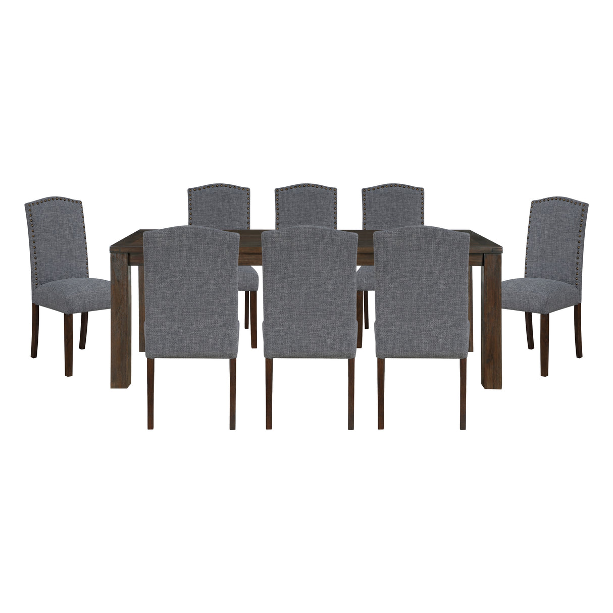 9pc Dining Set Dark Brown Finish Table and Gray Fabric Upholstered 8x Side Chairs Wooden Modern Dining Kitchen Furniture