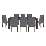 9pc Dining Set Dark Brown Finish Table and Gray Fabric Upholstered 8x Side Chairs Wooden Modern Dining Kitchen Furniture