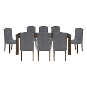 9pc Dining Set Dark Brown Finish Table and Gray Fabric Upholstered 8x Side Chairs Wooden Modern Dining Kitchen Furniture