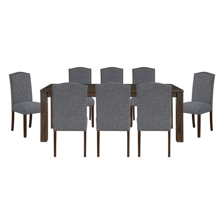 9pc Dining Set Dark Brown Finish Table and Gray Fabric Upholstered 8x Side Chairs Wooden Modern Dining Kitchen Furniture