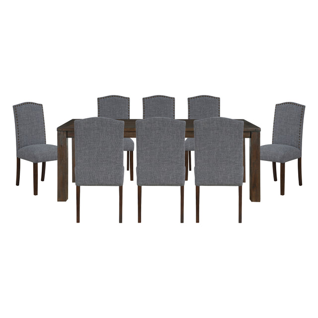 9pc Dining Set Dark Brown Finish Table and Gray Fabric Upholstered 8x Side Chairs Wooden Modern Dining Kitchen Furniture