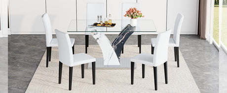 Table and chair set.Modern dining table, tempered glass countertop, and artistic MDF legs.Paried With 6 White PU dining chairs, simple and versatile, comfortable and accompanied. - sold by Home Elegance USA