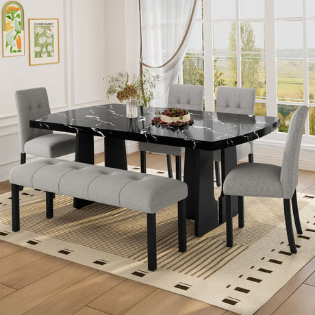 6 Piece Modern Dining Table Set, 63' Faux Marble Dining Table with Geometric Legs & 4 Upholstered Chairs & 1 Bench, Suitable for Dining Kitchen Room,Easy to Assemble, Black + Gray - sold by Home Elegance USA