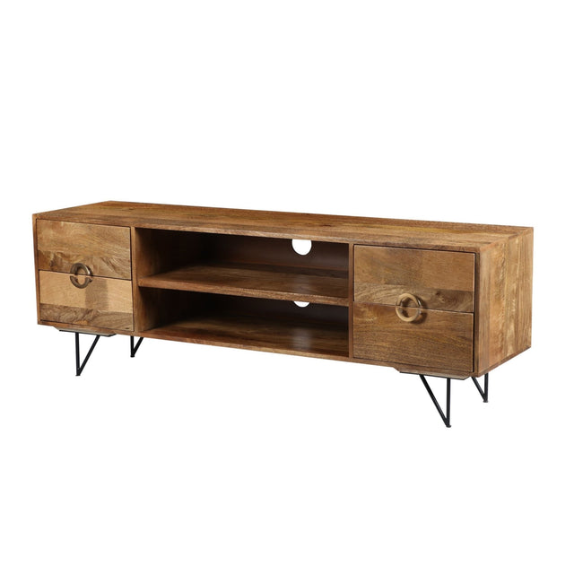 63 Inch Mango Wood TV Cabinet with Spacious Storage, Natural Brown and Black Home Elegance USA