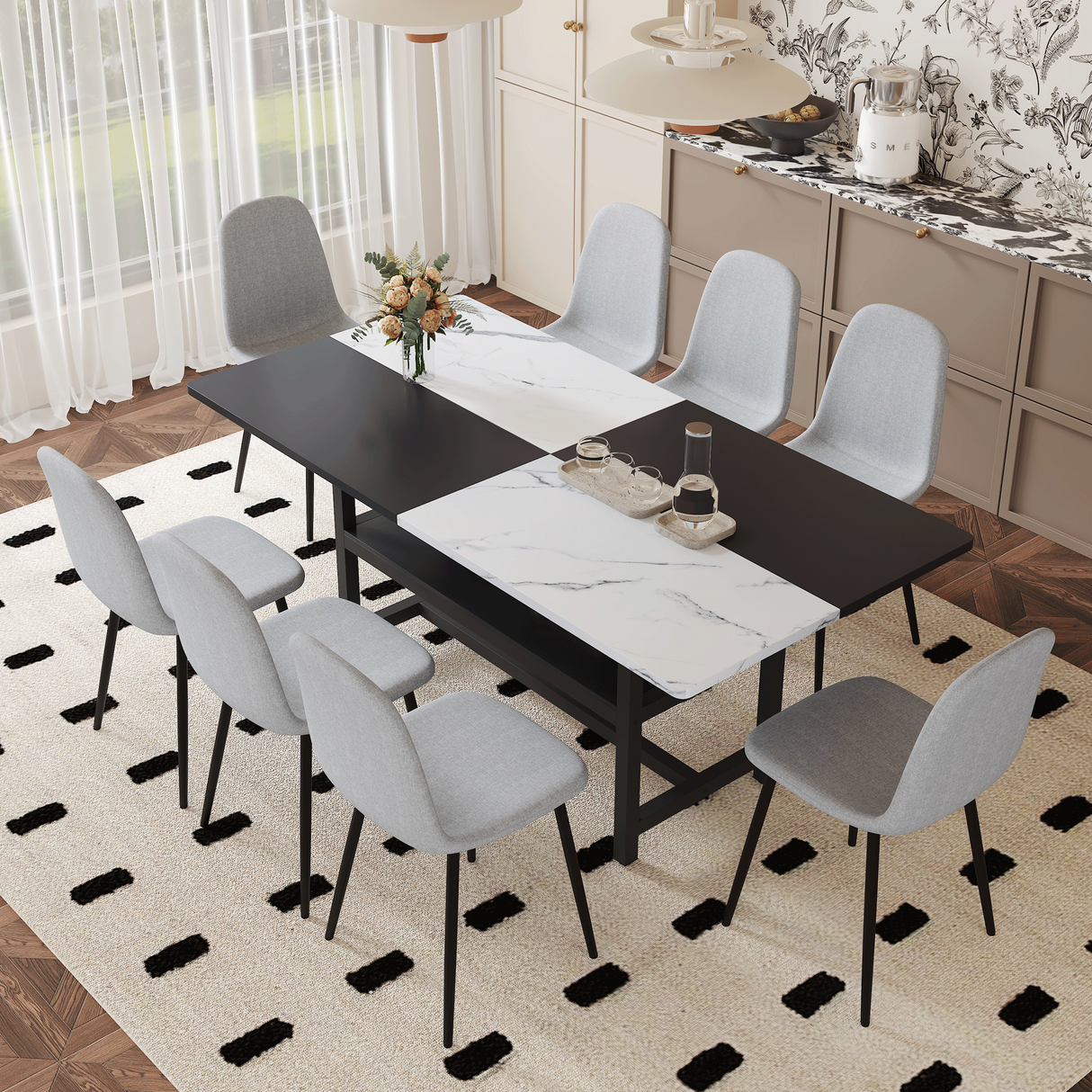 Table and chair set.71*35.4 inch White And Black Spliced Dining Table With Storage Function In The Middle Of The Table Legs.Paired With 8 Light Gray Linen Fabric Chairs.