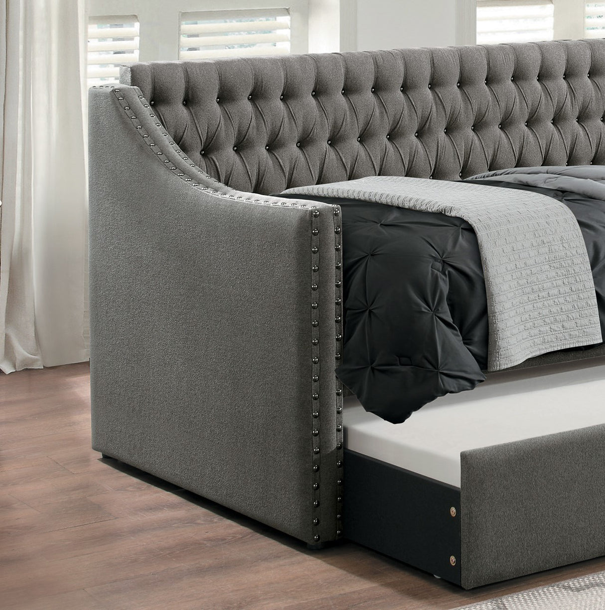 Modern Design Dark Gray Fabric Upholstered 1pc Sofa Bed w Trundle Button-Tufted Detail Nailhead Trim Day Bed - Home Elegance USA