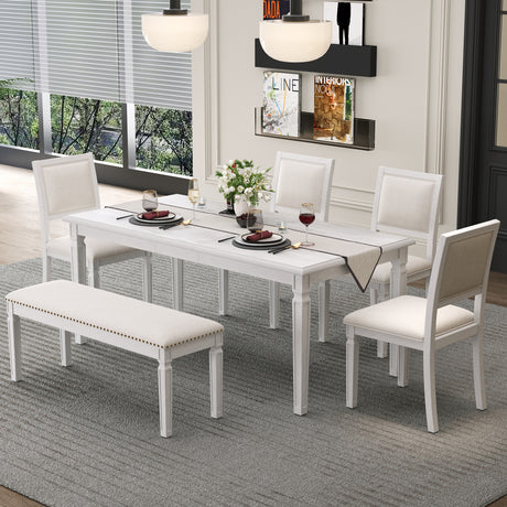TREXM Vintage Extendable Dining Table Set for 6 with 4 Chairs & Bench, 59 to 72-Inch Rustic Farmhouse Kitchen Table Set with Distressed Finish and Retro Carved Legs (Washed White) - sold by Home Elegance USA