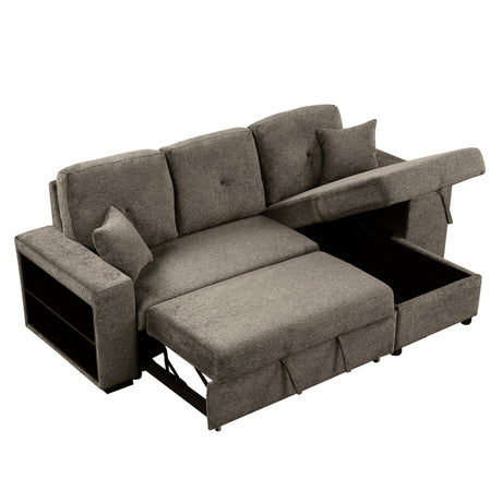 Reversible Sleeper Sectional Sofa Bed with Side Shelf and 2 Stools, Pull-Out L-Shaped Sofa Bed, Corner Sofa-Bed with Storage Chaise, Knox Charcoal Velvet - sold by Home Elegance USA