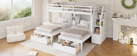 Twin over Twin&Twin Bunk Bed, Triple Bunk Bed with Drawers, Staircase with Storage, Built-in Shelves, White - sold by Home Elegance USA