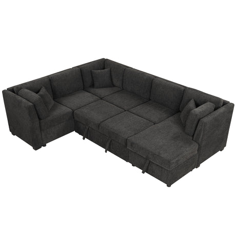 U-shaped Sectional Sofa Pull Out Bed with USB Ports, Power Sockets, Back Pillows & Storage Chaise, Black Chenille, 108.6' - sold by Home Elegance USA