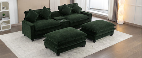 Chenille Upholstered 111' Sectional Sofa with Two Removable Ottomans, USB Ports, Cup Holders, and Storage, Green - sold by Home Elegance USA