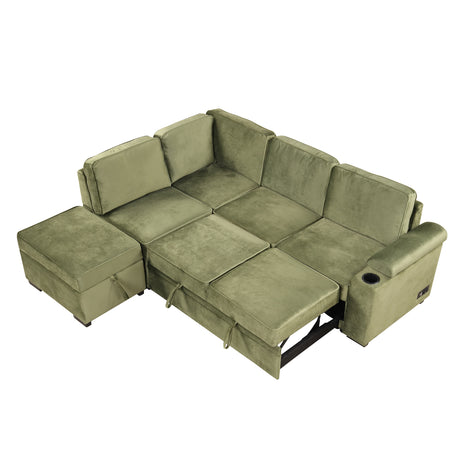 Green Velvet Sleeper Sofa Bed with Storage Ottoman, L Shape Pull Out Couch for Living Room and Bedroom - sold by Home Elegance USA