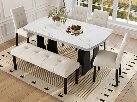 6 Piece Modern Dining Table Set, 63' Faux Marble Dining Table with Geometric Legs & 4 Upholstered Chairs & 1 Bench, Suitable for Dining Kitchen Room,Easy to Assemble, Beige + White - sold by Home Elegance USA