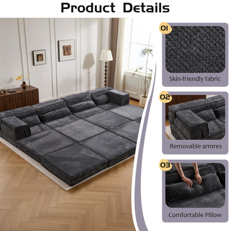 Compression Mahjong Sofa,Convertible Floor Sofa Bed,DIY Boneless Modular Sectional Sofa,No Assembly Required,Circle fleece fabric,Oversized 4 Seater with 2 Ottoman,Dark-grey - sold by Home Elegance USA