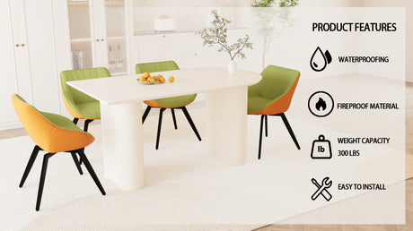 63' medieval modern cream style MDF dining table and green PU dining chair set, 4 sets of black metal leg dining chairs, suitable for kitchen&home - sold by Home Elegance USA