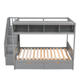 Twin over Full Bunk Bed with Shelfs, Storage Staircase and 2 Drawers, Gray - Home Elegance USA