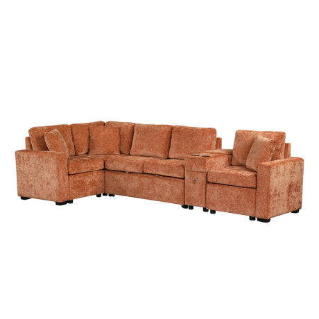 120.5' L-shaped Convertible Sofa Bed Modular Sectional Sofa Reversible Sleeper with Pull-Out Bed, Cup Holders, and Ample Storage Space for Living Room(Old SKU:N719S001940G), Orange - sold by Home Elegance USA