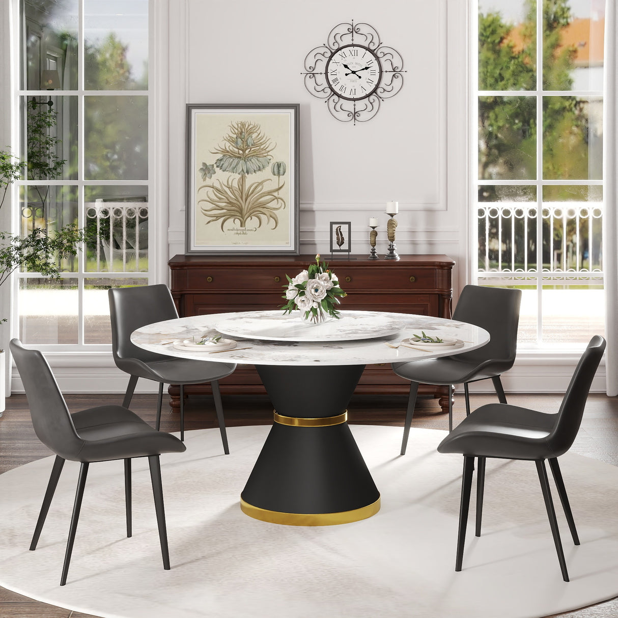 Mesa de comedor moderna de piedra artificial redonda de 170 cm con base de acero al carbono negro y plato giratorio de piedra artificial blanca de 95 cm. Capacidad para 6-8 personas (con 8 sillas).