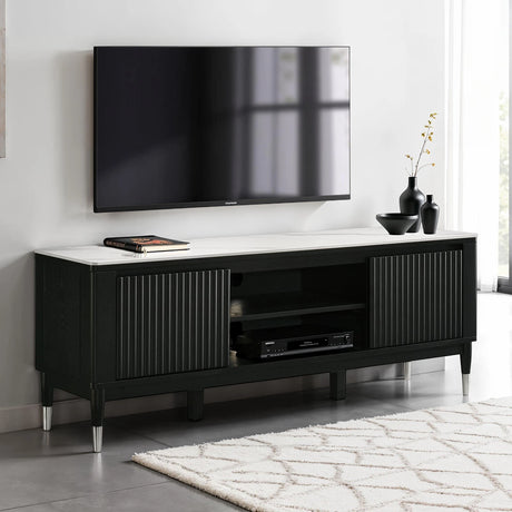 Contemporary Style TV Console Sintered Stone Top Silver Capped Arrow Legs Open Shelves Black And White Finish Primary Living Room - sold by Home Elegance USA
