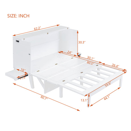 Queen Size Murphy Bed with USB Port and removable Shelves on Each Side,White - Home Elegance USA