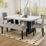 Juego de mesa de comedor moderna de 6 piezas, mesa de comedor de 16 m de imitación de mármol con patas geométricas, 4 sillas tapizadas y 1 banco, ideal para comedor o cocina, fácil de montar, blanco y gris.
