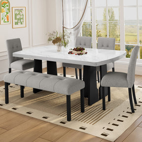 6 Piece Modern Dining Table Set, 63' Faux Marble Dining Table with Geometric Legs & 4 Upholstered Chairs & 1 Bench, Suitable for Dining Kitchen Room,Easy to Assemble, White+Gray - sold by Home Elegance USA