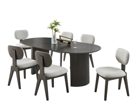 Valencia 7-Piece 80' Oval Gray Oak Finish Dining Set with Dual Pedestal Base & Light Gray Fabric Upholstered Chairs - sold by Home Elegance USA