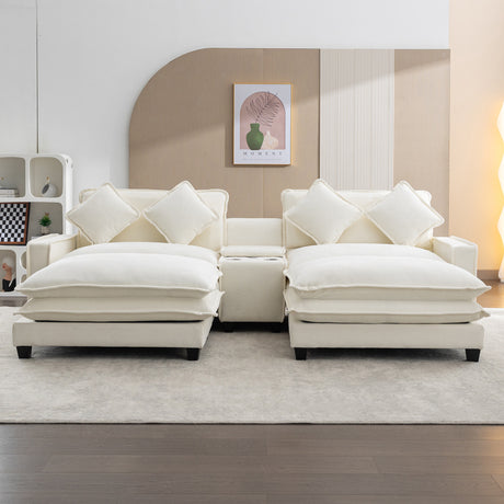 Chenille Upholstered Sectional Sofa with Removable Ottoman, USB Ports, Cup Holders, and Storage, Beige, 111' - sold by Home Elegance USA
