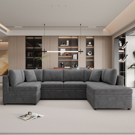 Oversized Sectional Sofa U-shaped Couch Pull-out Sofa Bed with Two Throw Pillows Gray Chenille 117.3' - sold by Home Elegance USA