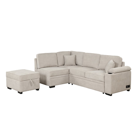 2 in 1 Sleeper Sofa Bed with Storage Ottoman, Beige Linen Upholstery, 84.75' L Shape Couch for Small Spaces - sold by Home Elegance USA