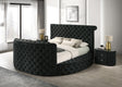 Luxurious Queen Size Bed Nightstand Set Deeply Tufted Headboard Nail Head Trim Upholstery Black Velvet Footboard Integrated Television Lift Mechanism Built-in Electric Fireplace Storage 3pc Set - sold by Home Elegance USA