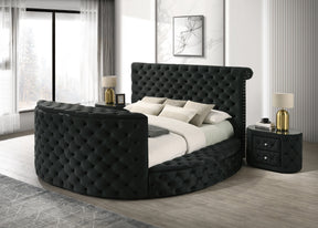 Luxurious Queen Size Bed Nightstand Set Deeply Tufted Headboard Nail Head Trim Upholstery Black Velvet Footboard Integrated Television Lift Mechanism Built-in Electric Fireplace Storage 3pc Set - sold by Home Elegance USA