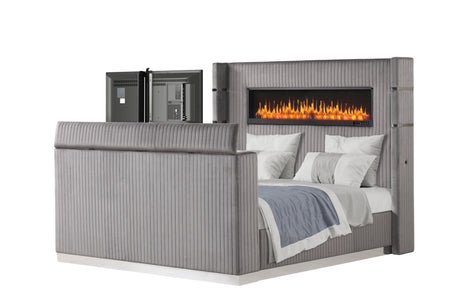 Lavish Modern Style 5 Pc King Bedroom Set Made with Fireplace in Headboard & TV stand in Footboard with Wood in Grey(CA INVENTORY) - sold by Home Elegance USA