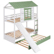 White+Green Twin over Twin House Bunk Bed with Convertible Slide and Trundle, Solid Pine Wood and MDF, 78.7''L x 81.8''W x 96''H