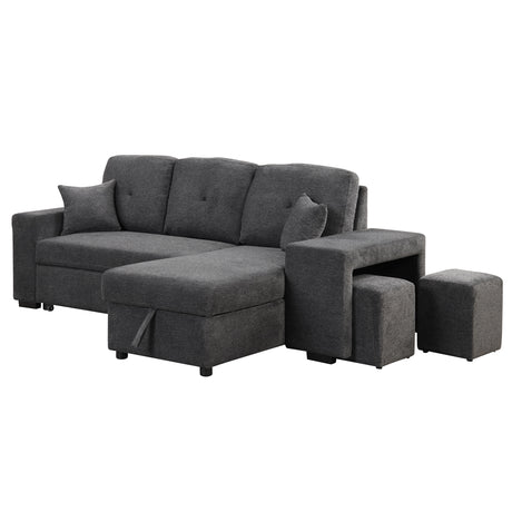 Reversible Sleeper Sectional Sofa Bed with Side Shelf and 2 Stools, Pull-Out L-Shaped Sofa Bed, Velvet Blue Black - sold by Home Elegance USA