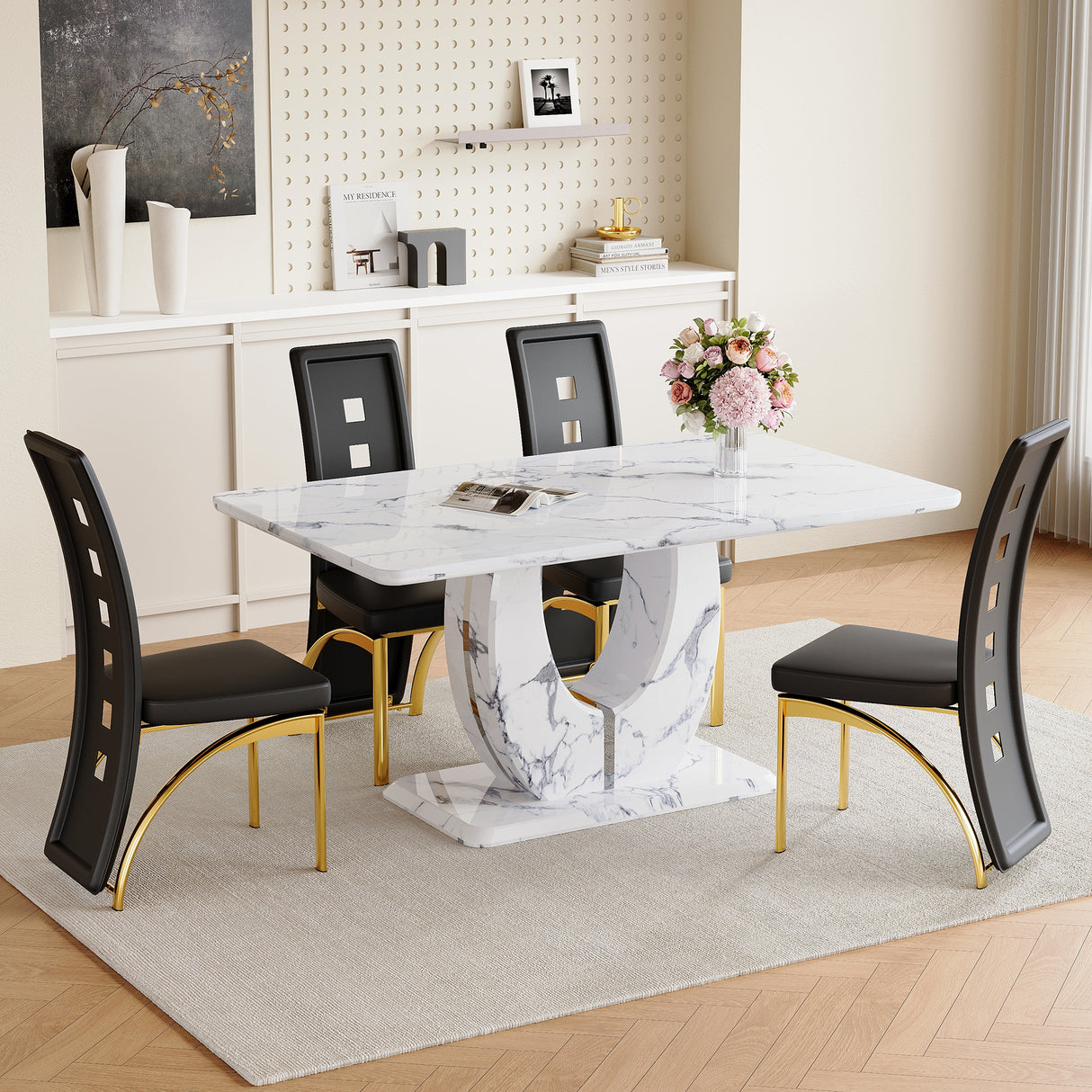 Table and chair set.Modern Luxury Grayish White Marble Patterned Dining Table Set - 63'x37' with 4 PU Chair With Black Saddleback, Geometric Pattern Backrest,Golden Curved Metal Leg.