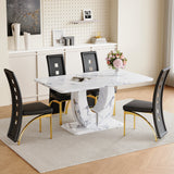 Table and chair set.Modern Luxury Grayish White Marble Patterned Dining Table Set - 63'x37' with 4 PU Chair With Black Saddleback, Geometric Pattern Backrest,Golden Curved Metal Leg.