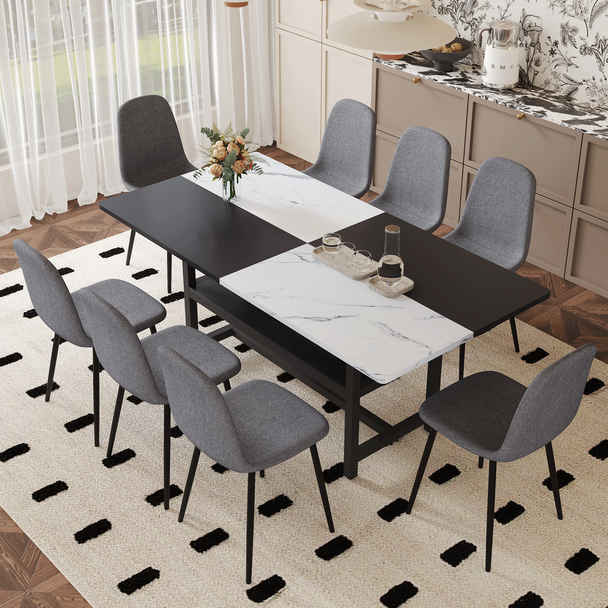 Table and chair set.71*35.4 inch White And Black Spliced Dining Table With Storage Function In The Middle Of The Table Legs.Paired With 8 Chairs Made Of Dark Gray Lnen Fabric.Iron pipe spraying Legs.