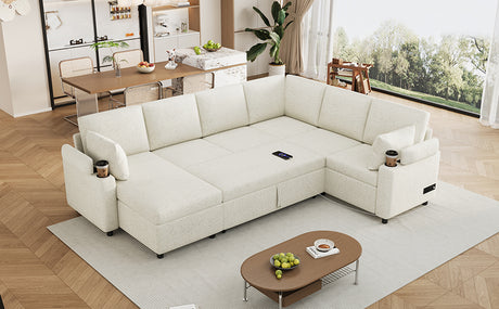 Convertible U-Shaped Sofa Bed with Storage, Cup Holders and Charging Ports, Beige Chenille, 109.9' - sold by Home Elegance USA