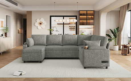 Versatile Light Grey Chenille Sectional Sofa Bed with Storage, Cup Holders & Charging Ports, 109.9' - sold by Home Elegance USA
