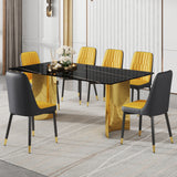 Table and chair set.The table has a glass top with imitation marble pattern stickers and stainless steel golden legs. Paried with 6 Orange and Dark Gray Spliced Color PU Dining Chairs.
